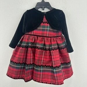 Pippa & Julie Red Plaid Dress with Black Velvet Bolero and Bloomer 12 Months NWT